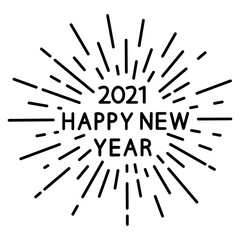 Obraz premium 2021 Happy New Year. Lettering Happy New Year with burst rays. Text for posters, flyers, greeting cards, social media, marketing, web design Light rays or sunburst. Vector