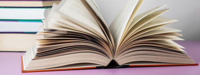 Banner close-up of open book on the table.