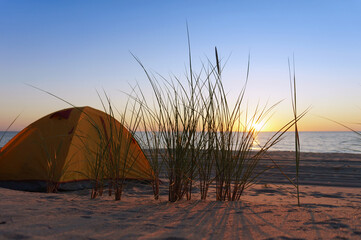 Fototapeta na wymiar Yellow tourist tent on the seashore. Tourist camping at sunset.