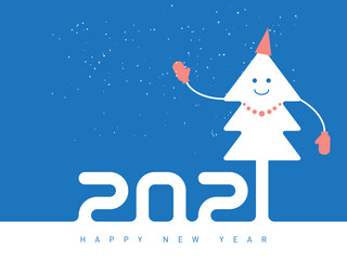 Happy New Year 2021. Poster Design with dressy smiling Christmas tree. Holiday background. The tree is dressed in mittens, a cap and decorated with beads.