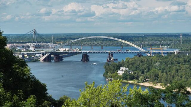 Construction of a new big bridge over a Dnieper river in Kyiv, Ukraine