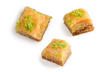 Pistachio baklava on a white background. Dessert.