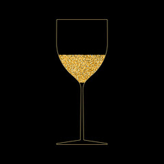 Wine glass gold outline. Festive drink, champagne, drink with bubbles. Glowing yellow liquid in glass. Vector illustration