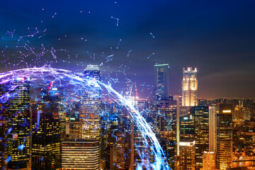 Abstract technology icons, night aerial panoramic cityscape of Singapore, Asia. The concept of...