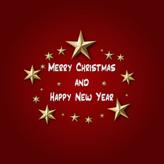 Merry christmas and happy new year background. Chic Christmas Greeting Card. Gold stars on red background. Stock vector illustration.