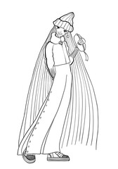 young and beautiful girl is modernly dressed, with long hair and a purse in her hand. fashion illustration.