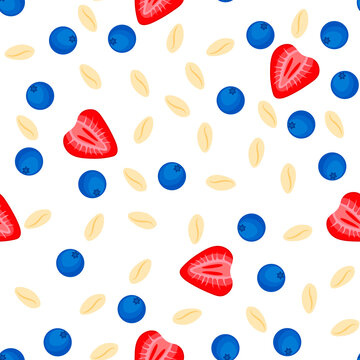 Seamless pattern with granola, muesli, strawberries, blueberries on white background. Healthy food, oat flakes, vector cartoon illustration.