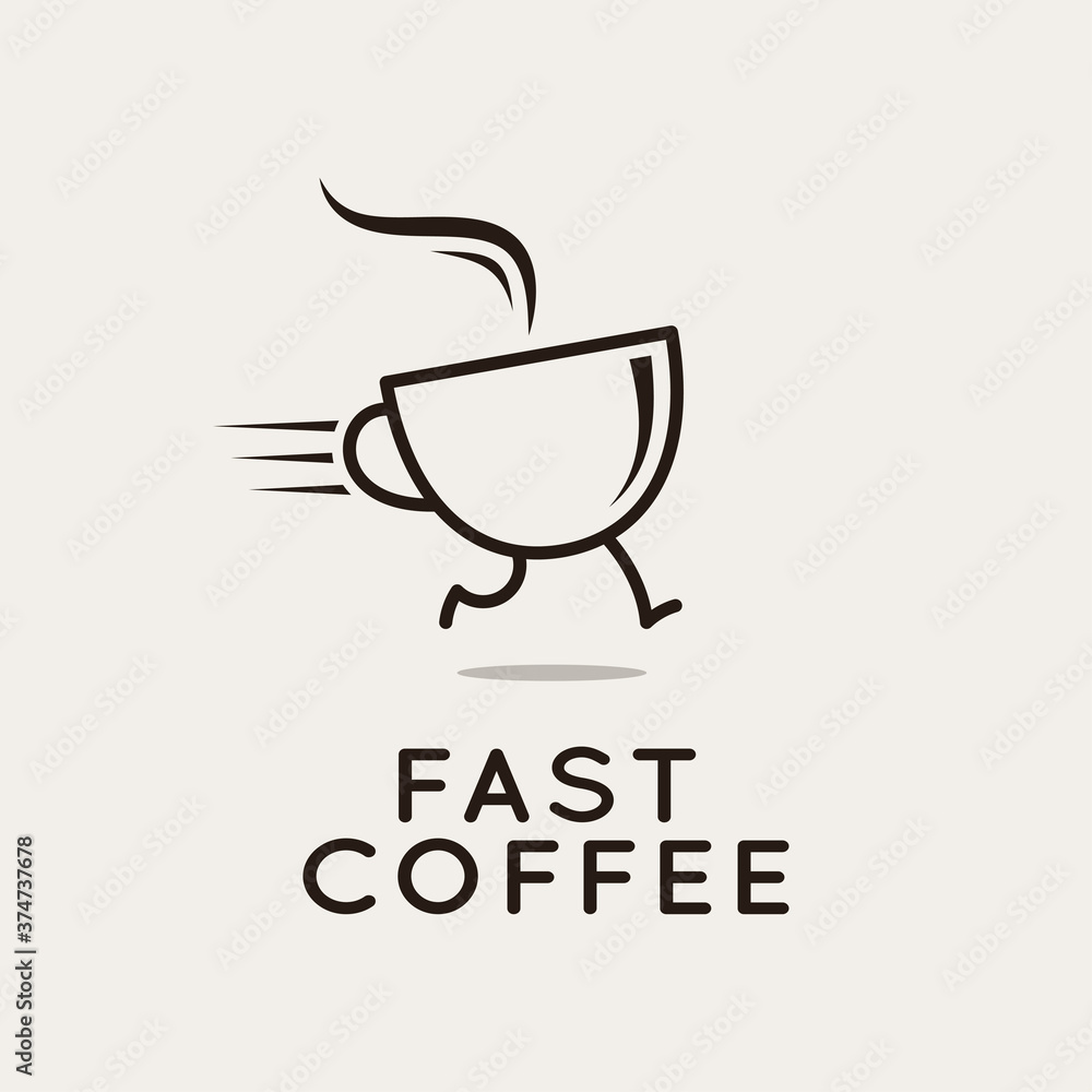 Poster fast coffee logo. running coffee cup on white