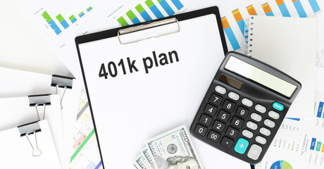 401k Plan with calculator pen and glasses, retirement planning