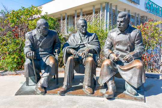 Crimea - August 2020: Monument to Stalin, Roosevelt and Churchill at Livadia palace near Yalta