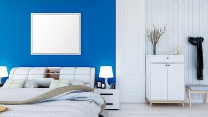 Blank empty photo frame on bedroom wall for mock up, 3D Rendering