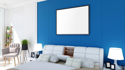 Blank empty photo frame on bedroom wall for mock up, 3D Rendering