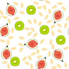 Seamless pattern with granola, muesli, fig, kiwi on white background. Healthy food, oat flakes, vector cartoon illustration.