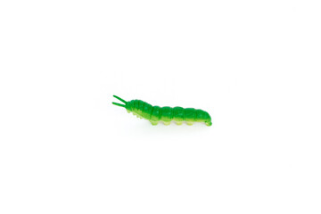 plastic toy insect - green caterpillar on the white background, isolated, close up