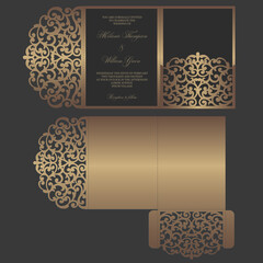 Laser cut tri fold pocket envelope for wedding invitations. ornamental wedding invite mockup. pocket envelope design.