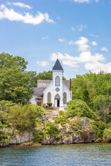 Fototapeta na wymiar Rockport Ontario Canada St. Brendan’s Church perched on a rocky cliff