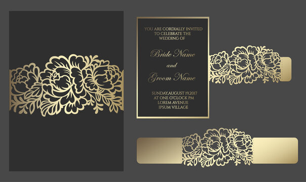 Floral laser cut wedding invitation bellyband. lace border, card wrap. slide inn envelope design for cutting plotter.