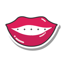 pop art mouth and lips, smiling mouth teeth, line and fill icon