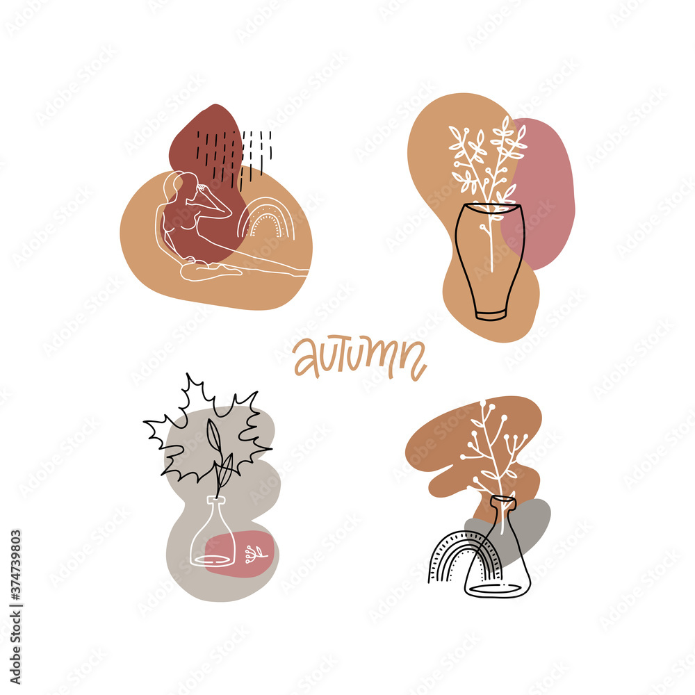 Aufkleber set of abstract print concepts with autumn elements. collage of various cut out paper shapes. backgr