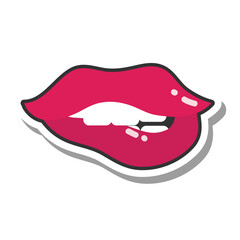 pop art mouth and lips, biting her red lips, line and fill icon