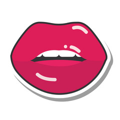 pop art mouth and lips, red kissing sexy girl lips, line and fill icon