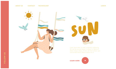 Happy Woman Swinging on Seesaw Landing Page Template. Female Character Feeling Joy and Happiness for Freedom after Covid