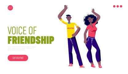 Friendship between male and female landing page concept with cartoons giving high five