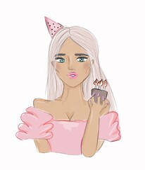 Blonde girl holding a cake with candles. Birthday woman in a pink top. Portrait. Fashion and beauty concept
