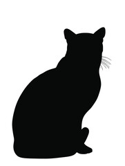 Domestic black cat sitting vector silhouette illustration isolated on white background. Lovely kitty pet symbol.