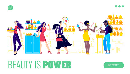 Fototapeta premium Beauty is power template landing page with women choosing new perfumes in cosmetics store