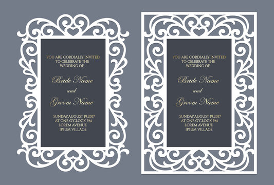 Laser cut wedding invitation template with lace border. flat frame card mockup.