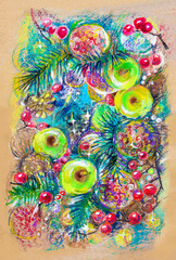 2021 New year. Drawing a Christmas tree with decorations with gouache and colored oil crayons. holiday of Christmas. Apples, red berries, Christmas decorations. Postcard.Background for the label.
