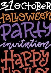 Halloween Party poster invitation template with handwritten lettering and decoration. Vertical A4 banner. Element for typography holiday design. Vector flat illustration.