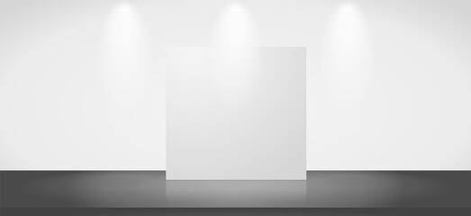 Vector 3d blank template of an exhibition scene with a blank stand. Image contains transparent lights and shadows
