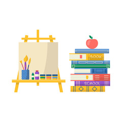 Collection of school supplies with notebook, pen, backpack, ruler, books, set brush and paints. Vector Back to school background with stationery. Office accessories.