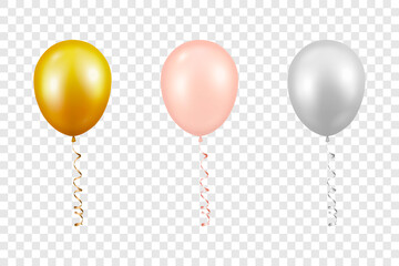 Vector 3d Realistic Metallic Golden, Pink, White Balloon with Ribbon Set Closeup Isolated on Transparent Background. Design Template of Translucent Helium Baloons, Mockup, Anniversary, Birthday Party