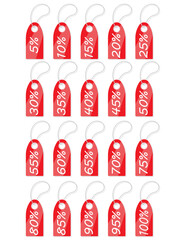 A set of tags. New red icons with percentages for product sales, promotions and discounts.
