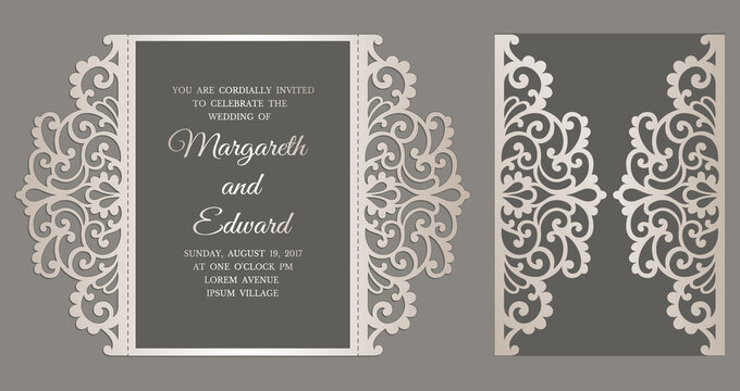 Gate fold laser cut wedding invitation. Vector template for laser cutting.