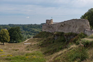 Fototapeta na wymiar Medieval Izborsk fortress wall and Lukovka tower. Izborsk, Pskov Region, Russia.