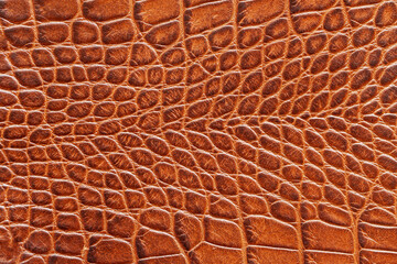 Texture of genuine leather close-up, brown color, embossed under the skin of reptile, croco. For background