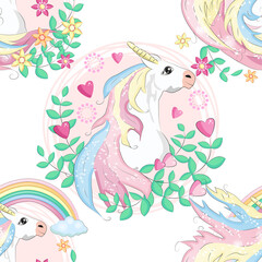 pattern with cute unicorns, clouds,rainbow and stars. Magic background with little unicorns