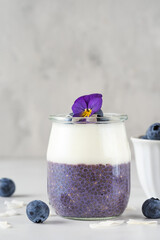 Blueberry yogurt parfait with chia pudding, coconut yoghurt, fresh berries and edible flowers in a...