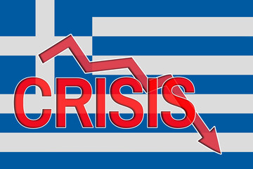 Fall graph and word crisis on the background of the flag of Greece. Economic crisis and recession in Greece.