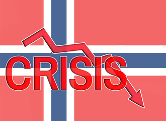 Fototapeta na wymiar Fall graph and word crisis on the background of the flag of Norway. Economic crisis and recession in Norway.