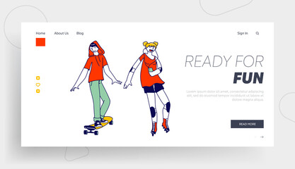 Teens Couple Characters Landing Page Template. Teen Boy on Skateboard Teenage Girl in Fashioned Clothes on Roller Skates