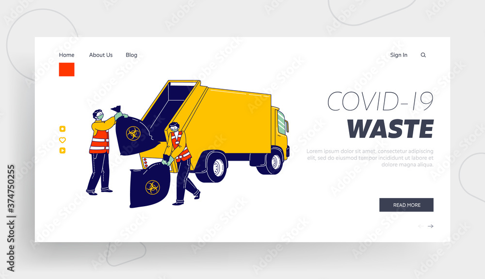 Poster workers throw garbage landing page template. janitors characters in protective masks collecting and 