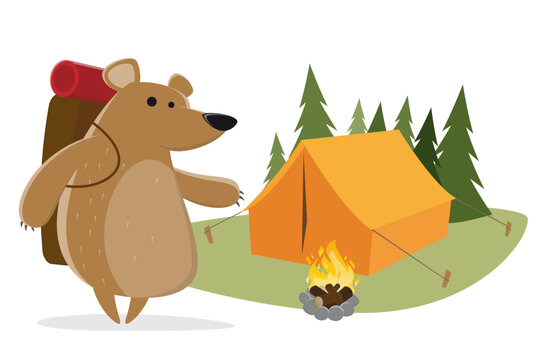 funny cartoon illustration of a camping bear