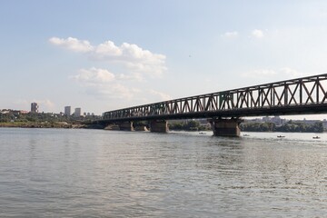 Fototapeta na wymiar View of the Pančevo Bridge over the Danube River in the direction of Belgrade