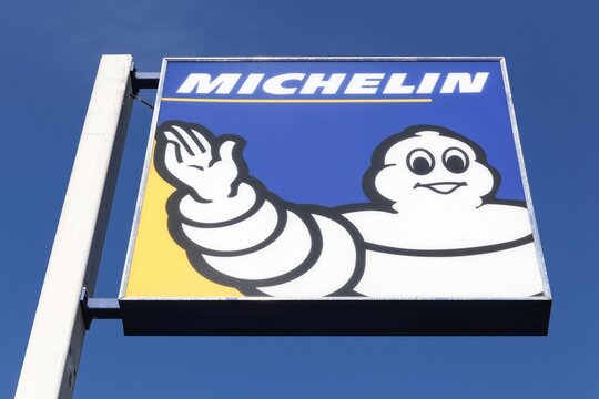 Belleville, France - March 15, 2020: Michelin logo on a pole. Michelin is a tire manufacturer based in Clermont-Ferrand in France and it is one of the three largest tire manufacturers in the world