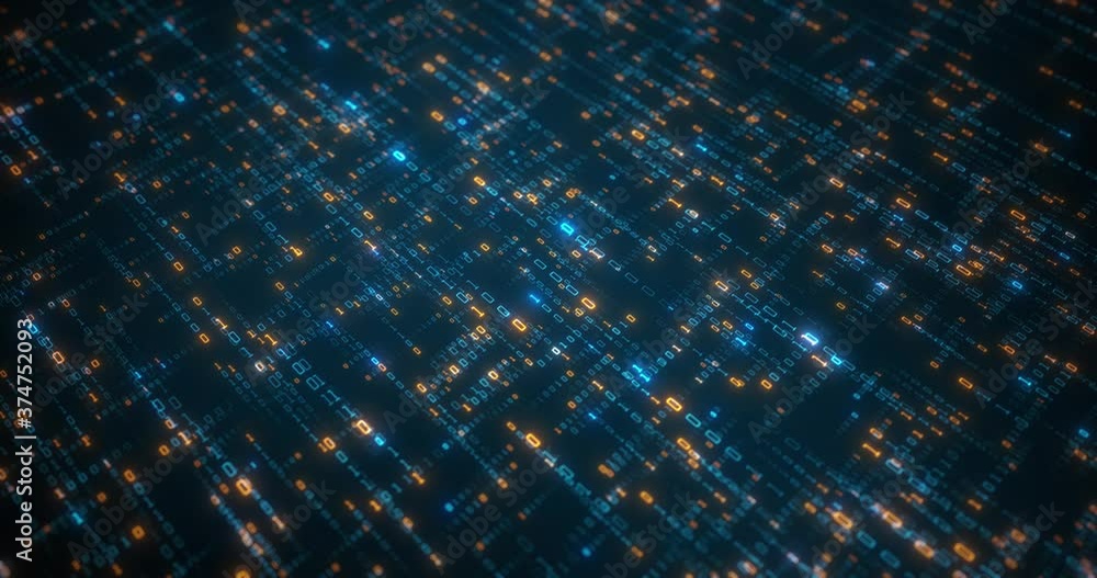 Poster Binary data moving in all directions creating a web of information across the screen and angle. orange and blue digit zero and one rendering a trail of data. High Tech Background. 4K loop, 3D render